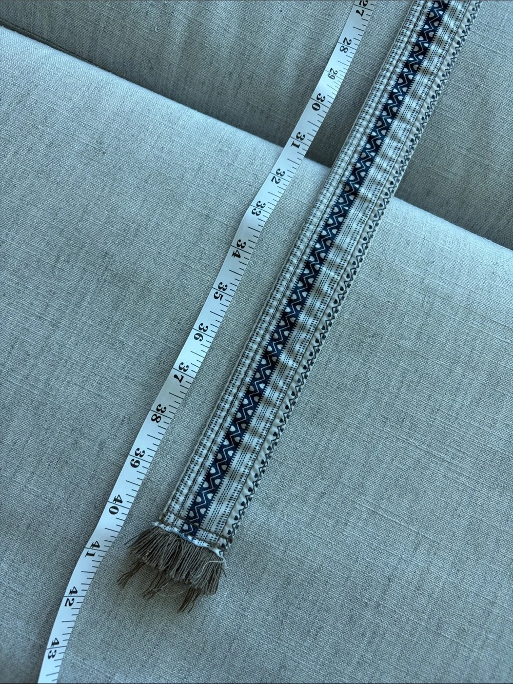 Woven Double-Ring Fabric Belt in Brown, White and Navy with fringe at the end